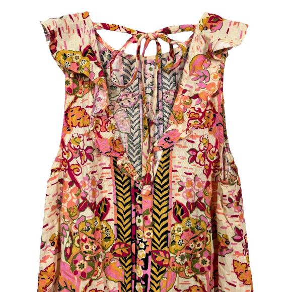 Free People Tulum Printed Linen Tunic Top Small Pink Sleeveless Ruffle Boho - Picture 6 of 8